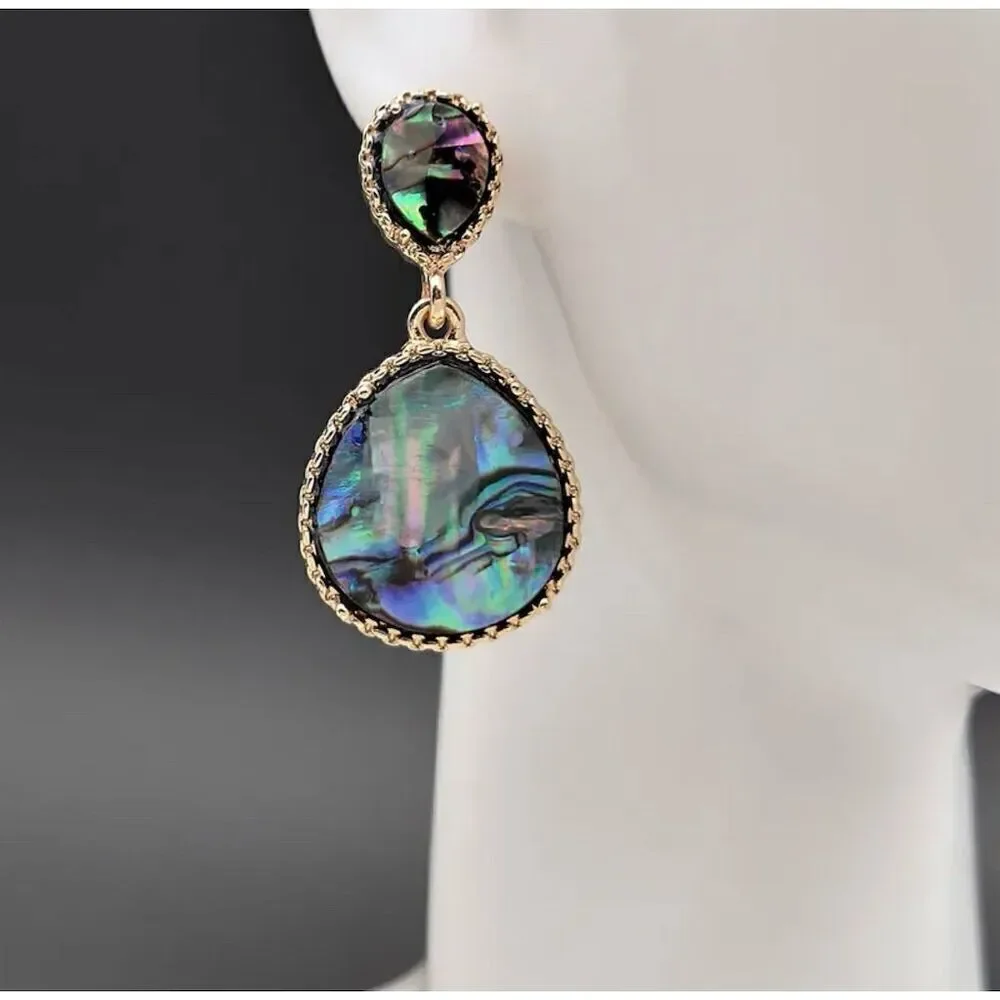 Blue & Green Faux Abalone Shell Stud Teardrop Earrings Gold-Tone Classic Chic